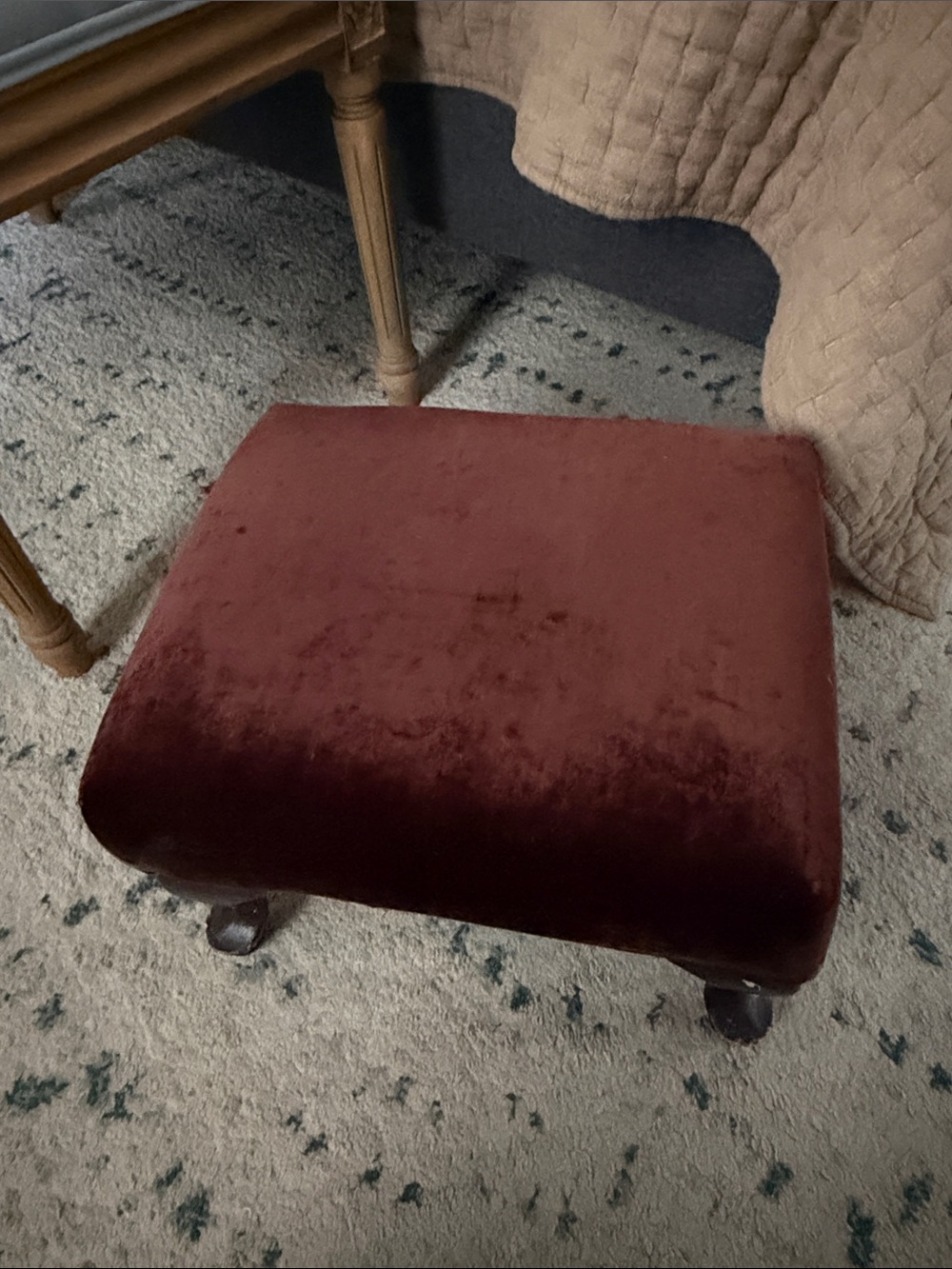Plush Velvet Square Footstool in Deep Burgundy